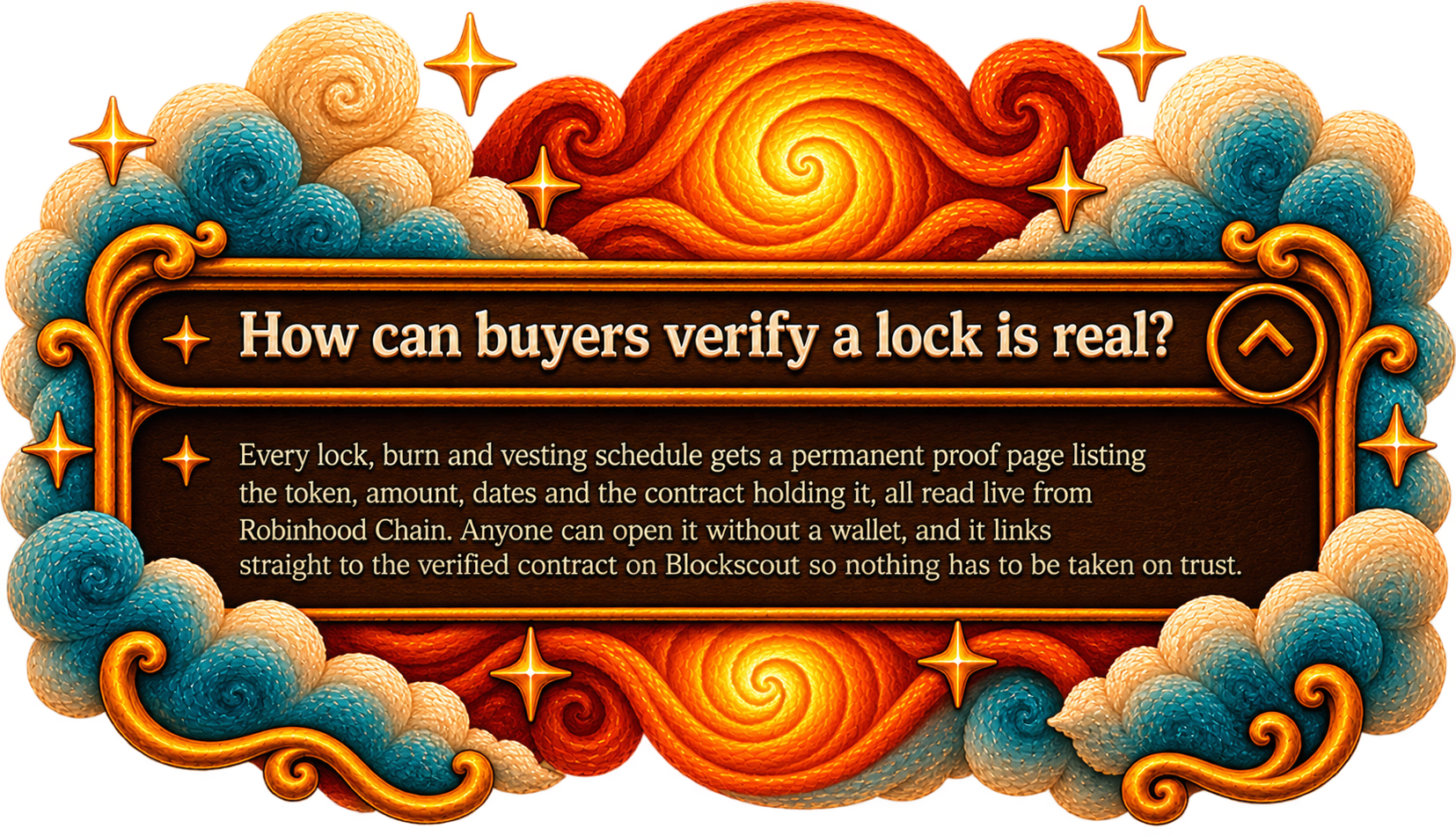How can buyers verify a lock is real? Every lock, burn and vesting schedule gets a permanent proof page listing the token, amount, dates and the contract holding it, read live from Robinhood Chain. Anyone can open it without a wallet, and it links to the verified contract on Blockscout.