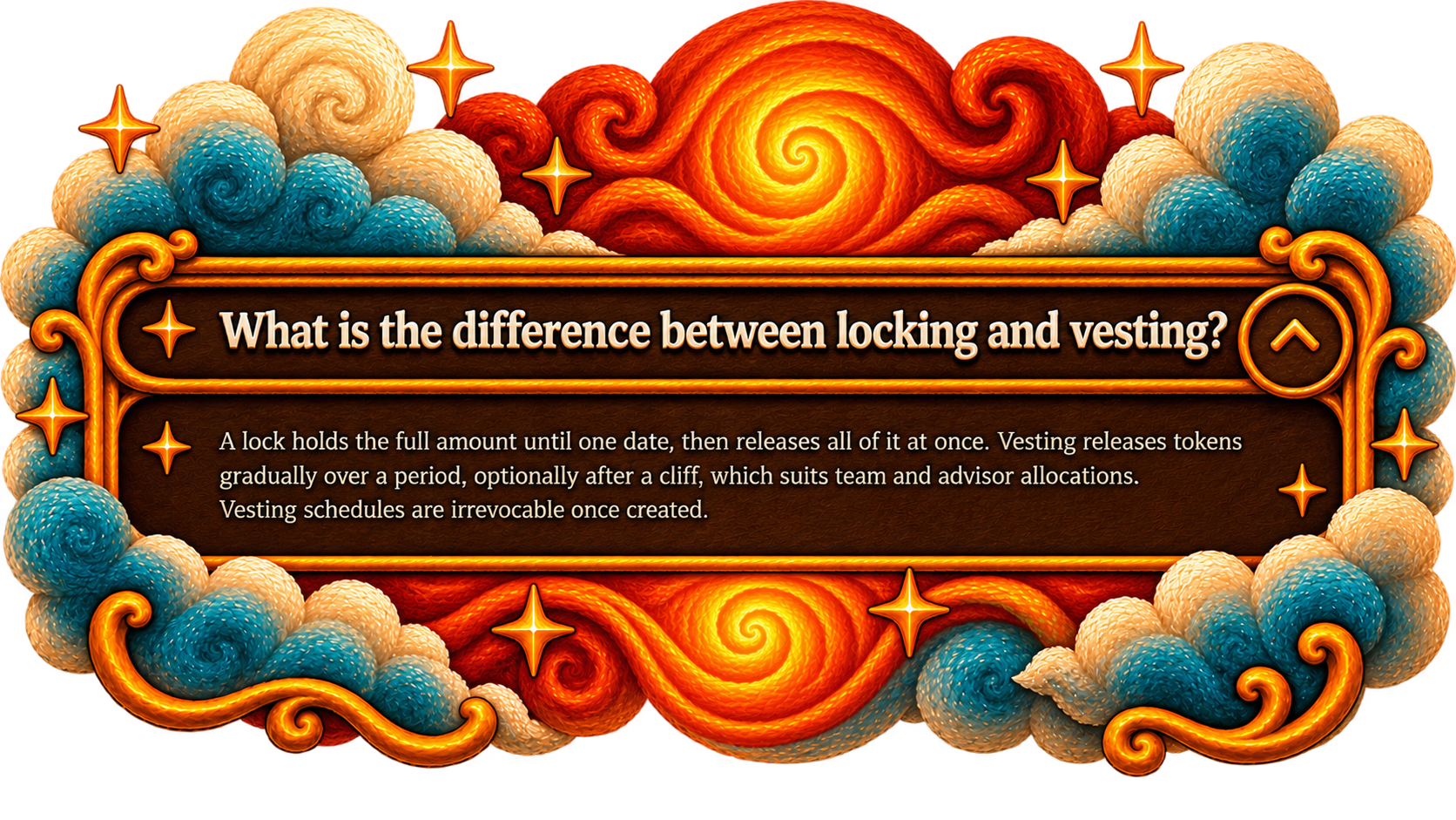What is the difference between locking and vesting? A lock holds the full amount until one date, then releases all of it at once. Vesting releases tokens gradually over a period, optionally after a cliff, which suits team and advisor allocations. Vesting schedules are irrevocable once created.