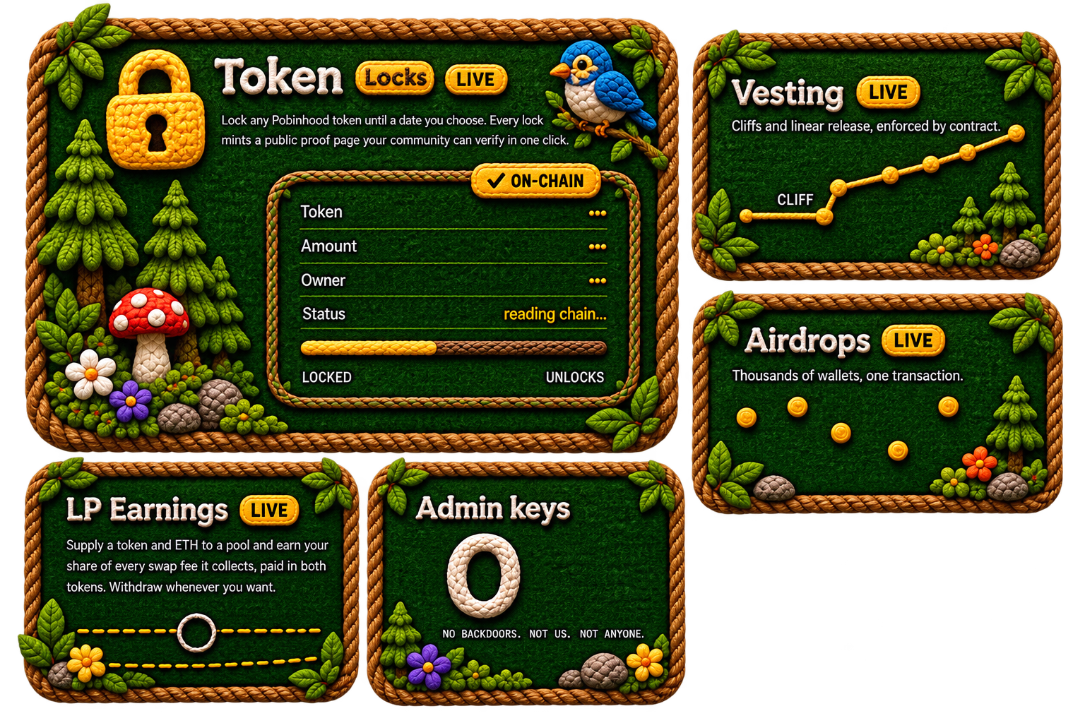 Foxlock — token locks, vesting, airdrops, LP earnings, zero admin keys